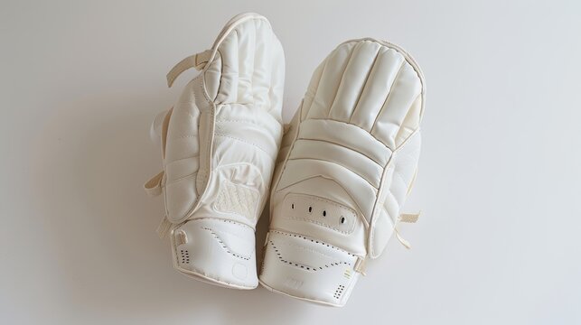 Pair of white cricket wicket keeping gloves lying flat on white background