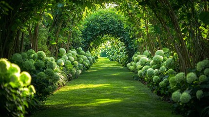 Obraz premium A lush green pathway through a garden lined with green flowers, blending perfectly with the path