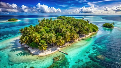 Fototapeta premium Breathtaking aerial view of a secluded tropical island paradise, showcasing vibrant turquoise waters, swaying palm trees, and vibrant coral reefs in stunning clarity.