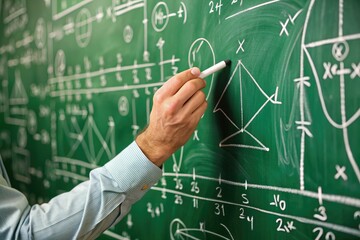 Educator's hands move deftly as they inscribe complex mathematical equations in white chalk on a traditional green chalkboard in a bustling classroom setting.