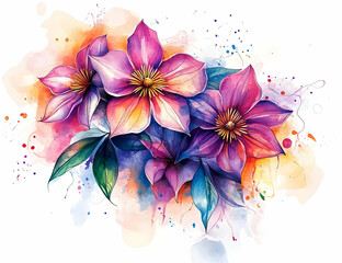 A vibrant watercolor floral arrangement featuring colorful blossoms and leaves, perfect for nature and art lovers.