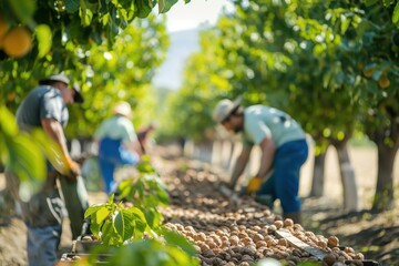 Farmers are harvesting walnuts, working on a sunny orchard, filling up a conveyor belt with just picked walnuts