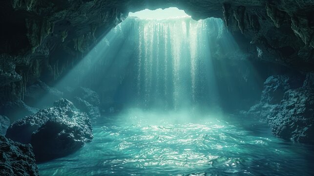 Enchanting light cascades through a cave waterfall illuminating tranquil turquoise waters below. Generative AI