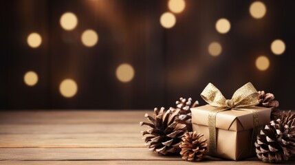 Rustic Christmas Delight: Pine Cones, Gift Box, and Wooden Table