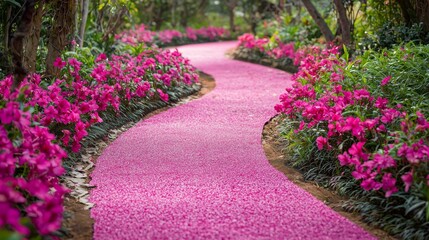 Fototapeta premium A bright pink walkway through a garden, with pink flowers on both sides blending with the path