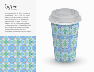 Cardboard paper cup of coffee with ornament and seamless geometric pattern. Take away coffee packaging template, isolated design elements for coffee shop, restaurant menu. Realistic vector cup
