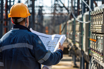Electrical engineer holding blueprints at power plant