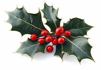Vibrant holly leaves adorned with bright red berries, perfect for festive decorations and winter holiday themes.
