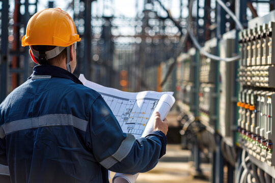 Electrical engineer holding blueprints at power plant