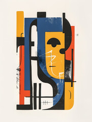 poster geometric surrealistic style, black, beige, red, yellow, blue