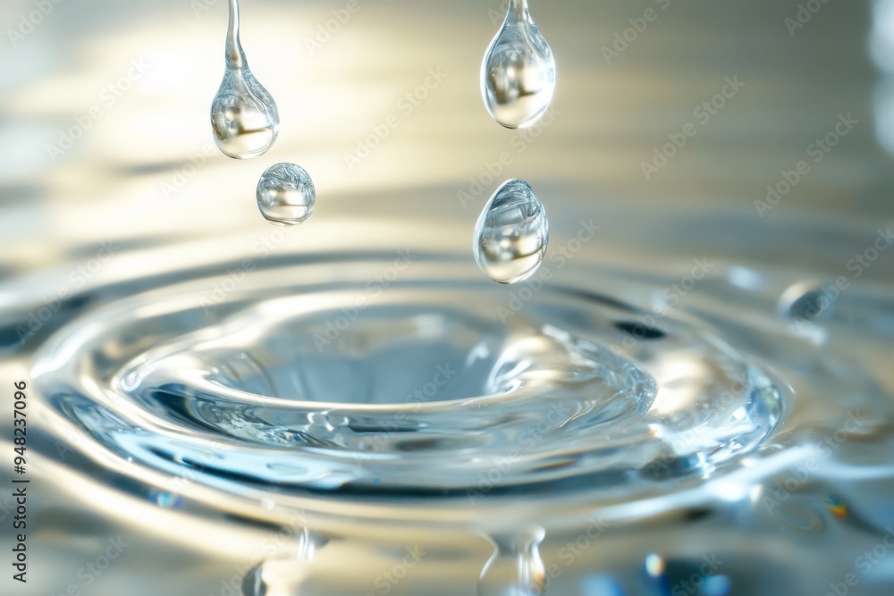 Poster high-quality image of water droplets creating ripples on a surface, showcasing natural fluid dynamic