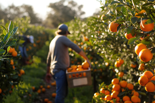 Farmer carrying crate full of oranges harvesting in organic orchard on sunny day