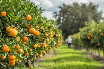 Sunny florida orange grove with lush trees bearing ripe fruit, a farmer walking through the plantation, creating a vibrant backdrop for showcasing the agricultural industry