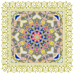 Decorative doodle ornament, symmetric pattern with lace frame. Tribal ethnic mandala decor. Bandana shawl, hijab, tablecloth fabric print, silk neck scarf, kerchief design. Colorful vector background