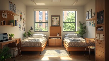 Bright modern college dorm room, twin beds with crisp white linens, wooden desks and chairs, open textbooks, cork bulletin boards, posters on walls, large windows with natural.
