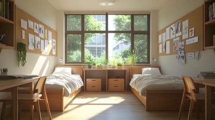 Bright modern college dorm room, twin beds with crisp white linens, wooden desks and chairs, open textbooks, cork bulletin boards, posters on walls, large windows with natural.