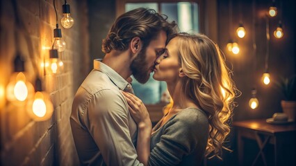 couple kissing in a room with romantic lighting