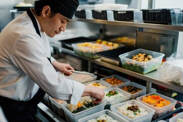 Chef is carefully preparing healthy meal plates in plastic containers in a restaurant kitchen