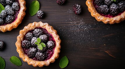 Blackberry tarts arranged on a dark surface, elegantly dusted with powdered sugar and garnished with fresh mint leaves, offering a visually striking and tasty dessert option.