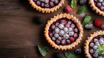 Berry tarts topped with powdered sugar and decorated with green leaves, placed on a wooden surface, creating a delicious and visually appealing dessert scene.
