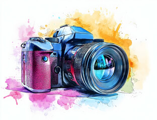 Vibrant watercolor illustration of a camera, ideal for photography enthusiasts and artistic projects.