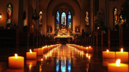 Fototapeta premium All Saints' Day for Western Christians. the Christian cross. a burning candle about memory. graves in the cemetery