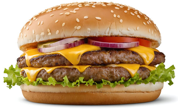A mouthwatering double-decker cheeseburger with two juicy beef patties, melted cheese, fresh lettuce, tomato, onion, and pickles, all stacked between a sesame seed bun. Isolated on a white background.