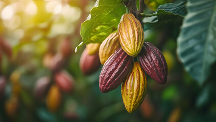 Close-up of colorful cacao pods hanging from a lush tree in a vibrant plantation, showcasing nature's beauty and harvest.