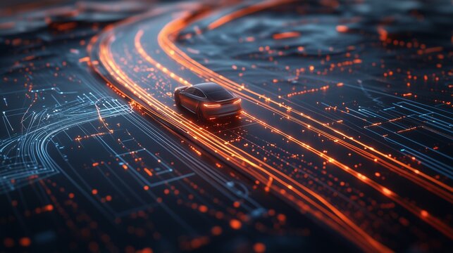 Futuristic Car on High-Tech Energy Road at Night
