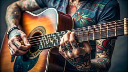 Obraz premium Closeup of the hands of a tattooed rock guitarist playing acoustic guitar