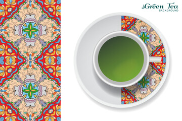 Cup of green tea with doodle ornament on a saucer and hand drawn seamless floral pattern. Business coffee break or tea time concept, interior background. Isolated cup and plate decor elements