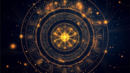 Fototapeta premium Golden mandala with glowing circular patterns on a dark background.