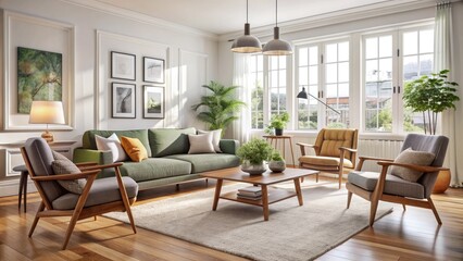 Fototapeta premium Elegant Scandinavian living room showcases comfort and style with plush sofa, teak coffee table, and iconic mid-century modern accent chairs in a bright, airy space.