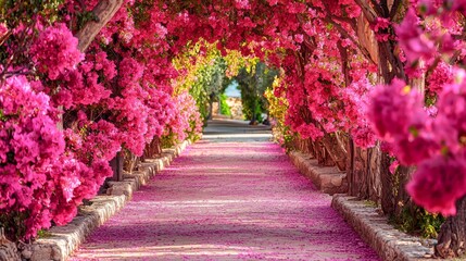 A vivid pink garden path surrounded by pink flowers on either side, harmonizing the color throughout