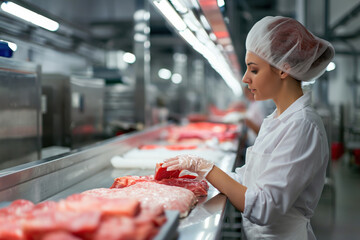 Female butcher is working on a production line in an industrial meat processing factory, carefully handling and preparing cuts of fresh meat