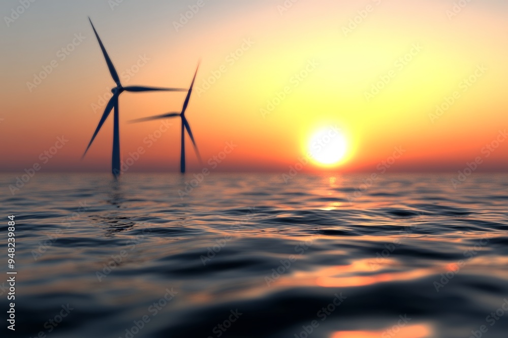 Wall mural view of wind turbines on the sea at sunset: a wind farm concept