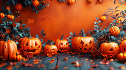 Halloween background with spooky pumpkin jack-o-lanterns on orange background. Realistic clipart template pattern. October 31 year. Cultural festival for Europeans. Copy space. Abstract Texture