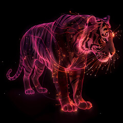 A pink gold glow tiger silhouette in a nightscape, bold outline, energy-charged luminous pointillism, wireframe, tenebrism mastery style, UHD 8k, Unreal Engine 5 on black background