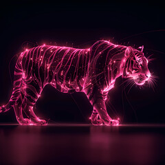 A pink gold glow tiger silhouette in a nightscape, bold outline, energy-charged luminous pointillism, wireframe, tenebrism mastery style, UHD 8k, Unreal Engine 5 on black background