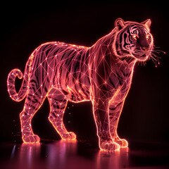 A pink gold glow tiger silhouette in a nightscape, bold outline, energy-charged luminous pointillism, wireframe, tenebrism mastery style, UHD 8k, Unreal Engine 5 on black background