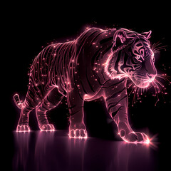 A pink gold glow tiger silhouette in a nightscape, bold outline, energy-charged luminous pointillism, wireframe, tenebrism mastery style, UHD 8k, Unreal Engine 5 on black background