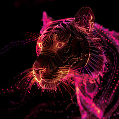 A pink gold glow tiger silhouette in a nightscape, bold outline, energy-charged luminous pointillism, wireframe, tenebrism mastery style, UHD 8k, Unreal Engine 5 on black background