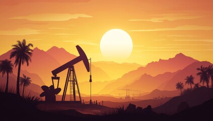 An oil pump in a sun-drenched desert landscape: Natural resources, copy space, stock photos