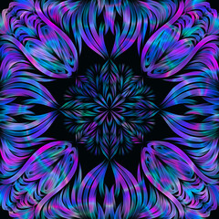 A dynamic, kaleidoscopic digital artwork featuring vibrant, swirling ribbons of pink, purple, and blue on a black background. The abstract pattern has a symmetrical, fluid design with an energetic