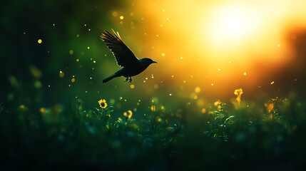 A bird is flying in a field of flowers. The sun is setting, casting a warm glow over the scene. The bird's wingspan is large, and it is soaring through the air with ease