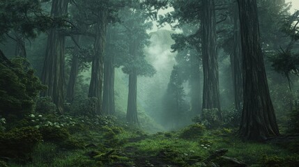 Fototapeta premium Fog blankets an ancient forest, creating a mystical and serene atmosphere in a landscape filled with towering trees.