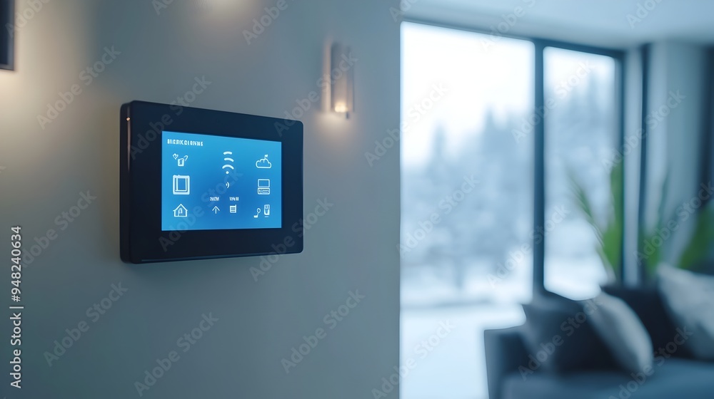 Poster sleek and modern smart home control panel displaying the real time status of various iot enabled dev