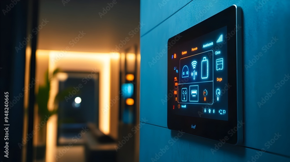 Poster photograph of a modern smart home control panel displaying the statuses and information of various i