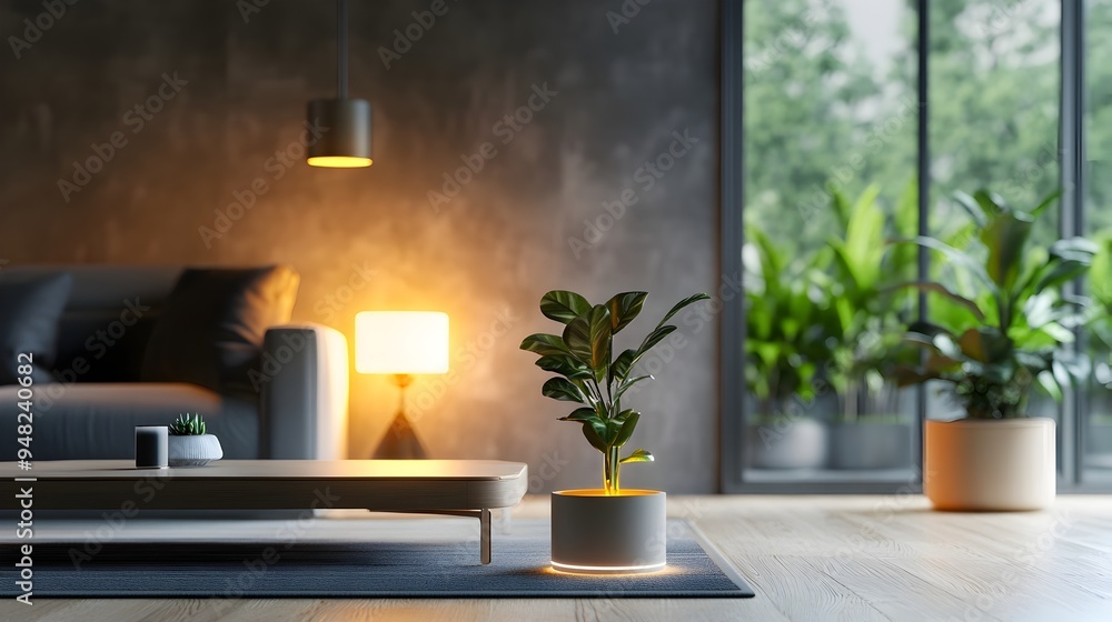 Poster innovative iot powered smart lighting system creating a cozy and customizable ambiance in a stylish 
