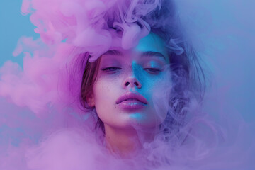 A woman with purple, pink.